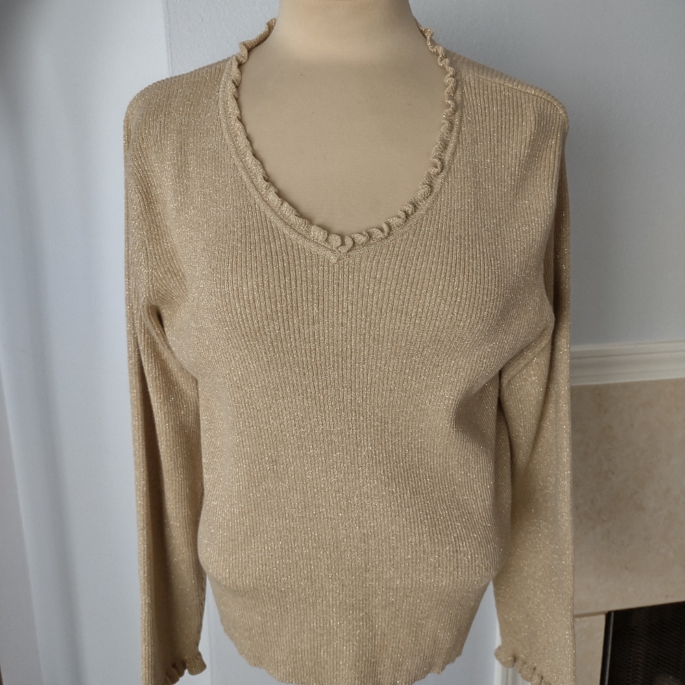 Gold V-Neck Scoop Sweeater with Ruffles  PL